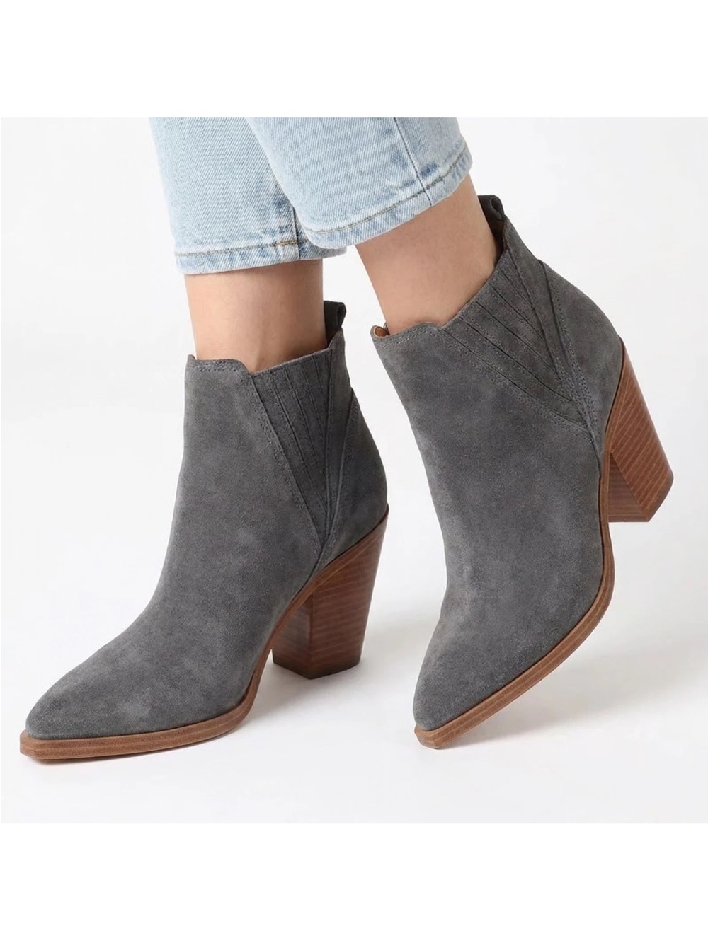Marc Fisher | Womens Grey Suede Gadri Pointed Toe Pull On Heeled Ankle Boots 7.5